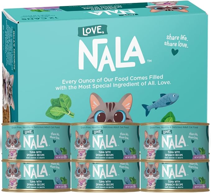 LOVE, NALA - Natural Adult Cat Wet Food - Pate Tuna with Spinach Recipe- Grain Free, Non-GMO, Lean Protein, Iron, Digestive Fiber Blend, Added Minerals & Vitamins - 12 Pack 2.4 lbs.-Mewly Pet