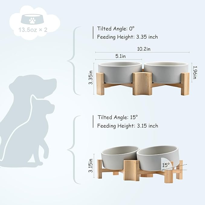 SPUNKYJUNKY 15° Slanted Ceramic Dog and Cat Bowl with Wooden Stand, Tilted Bulldog Food and Water Bowl No Slip Non-Spill for Cats Medium Dogs Big Face Pets 13.5 OZ (1.7 Cups, Grey × 2)-Mewly Pet