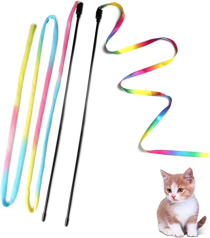 Cat Wand Toys Interactive Kitten Toys for Indoor Cats Colorful Teaser Wand String for Exercise Kitten Stick Kitty Rope Toy Rainbow Ribbon Cat Charmer -2Pcs-Mewly Pet