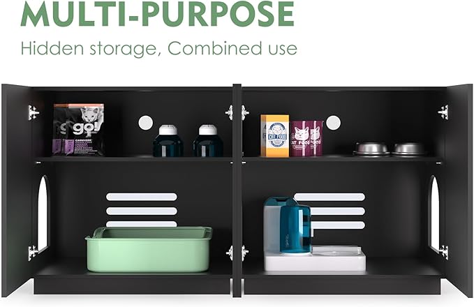 Large/Tall Litter Box Enclosure, Modern Wooden Litter Box Furniture for XL Litterbox with Hidden Storage as Sideboard Cabinet (Black)-Mewly Pet