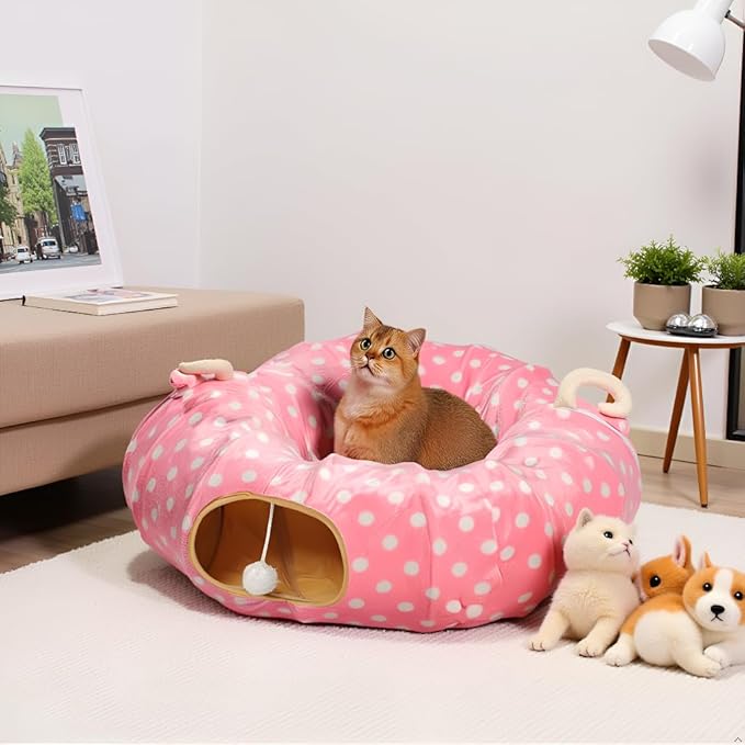 AUOON Cute Cat Donut Tunnel - Round Cat Tunnel Bed with Washable Cushion Interactive Cat Toy for Indoor Cats Kitten Kitty Puppy Rabbit Ferret (Pink)-Mewly Pet