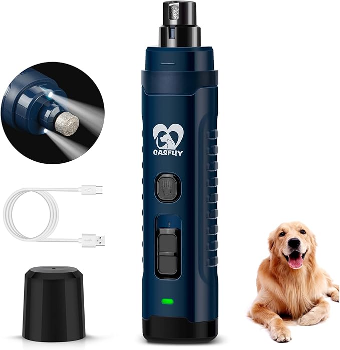 Casfuy Dog Nail Grinder with 2 LED Light - 4.8V Super Powerful 2-Speed Electric Pet Nail Trimmer for Medium Large Dogs Quiet Rechargeable Painless Paws Grooming & Smoothing Tool (Dark Blue)-Mewly Pet