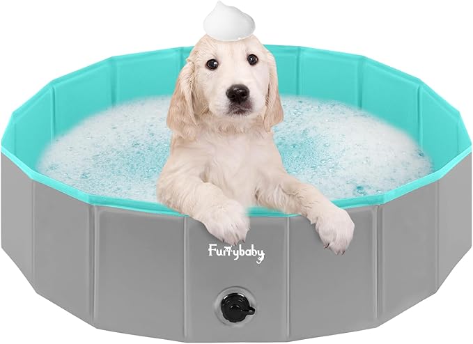 Furrybaby Foldable Dog Pool, Kiddie Pool Hard Plastic, Collapsible Pet Bath Portable Dog Swimming Pool for Pet, Dogs and Cats Grey 32''-Mewly Pet
