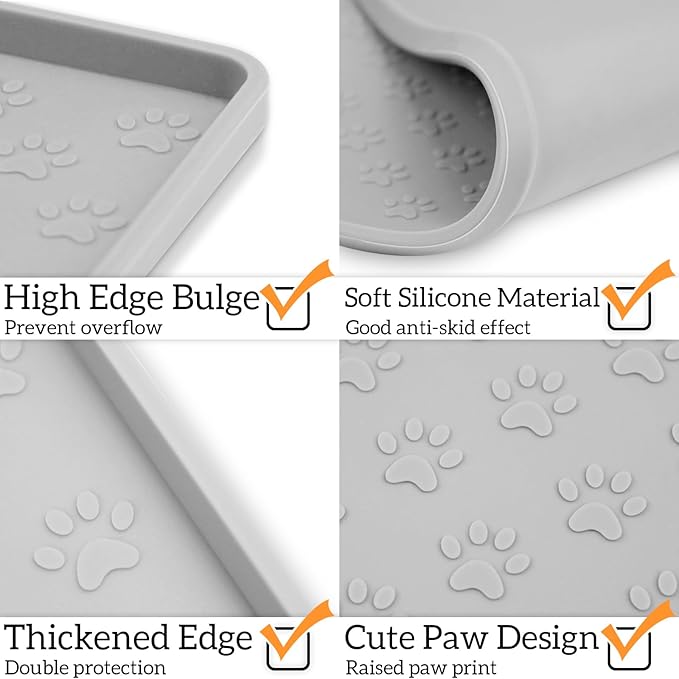 Ptlom Dog Food Mat Anti-Slip Pet Bowl Mats for Food and Water, High-Lips Pet Placemat Prevent Messy Spills to Floor, Waterproof Puppy Feeding Tray for Small, Medium Large Dogs Cats, Silicone-Mewly Pet