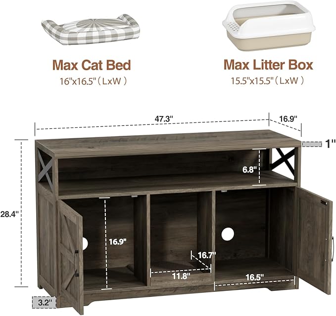 Cat Litter Box Enclosure for 2 Cats, 47" Double Hidden Litter Box Furniture with Scratch Pad, Farmhouse Indoor Litter Box Cabinet Cat Washroom, Grey-Mewly Pet