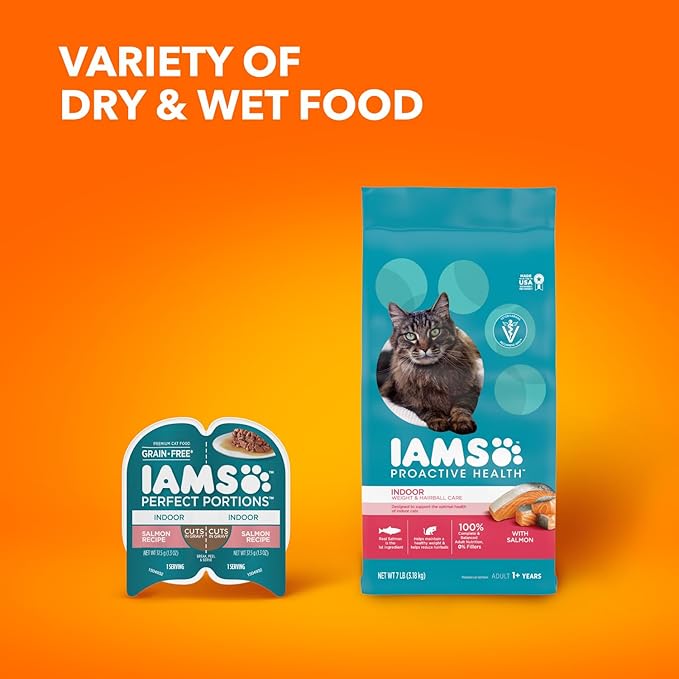 IAMS Proactive Health Indoor Weight Control & Hairball Care Adult Dry Cat Food, Salmon Recipe, 7 lb. Bag-Mewly Pet