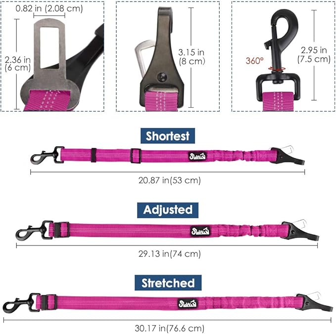 SlowTon Dog Seat Belt, Adjustable Dog Safety Belt Leash, 2 in 1 Latch Bar Attachment Dog Car Seatbelt with Elastic Nylon Bungee Buffer, Reflective Nylon Belt Tether (FU)-Mewly Pet