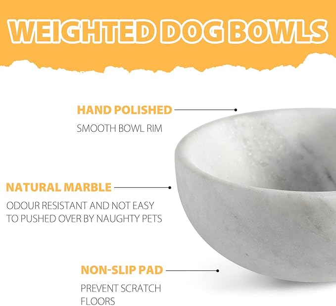 White Marble Dog Bowl - Non-Slip, Non-Tipping, Heavy Duty for Large Dogs - African Natural Stone Water and Food Bowl, Holds 4.6 Cups (7.5lbs)-Mewly Pet