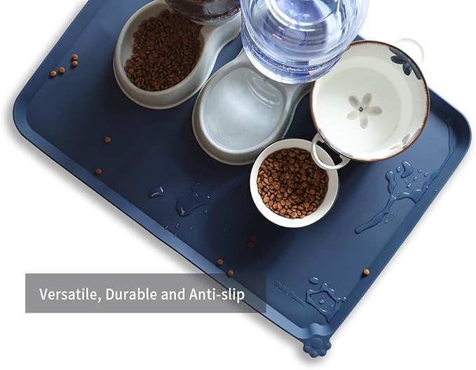 Hoki Found X-Large Silicone Pet Food Mats - Non Slip Dog Cat Bowl Placemats - Waterproof Dog Cat Food Mats - Suitable for Carpet - Indigo Ink-Mewly Pet