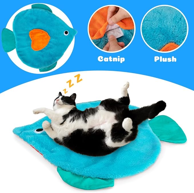AWOOF Cat Mat, Cute Soft Catnip Mat, Cat Activity Mat Machine Washable Catnip Toys Interactive Cat Toys for Indoor Cats (Fish Shape)-Mewly Pet