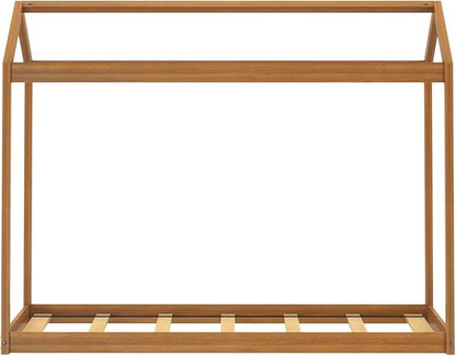 Max & Lily Twin Floor House Bed, Modern Solid Wood Low Bed Frame for Kids, Montessori Floor Bed for Bedroom, Playroom, Wooden Slats, Pecan