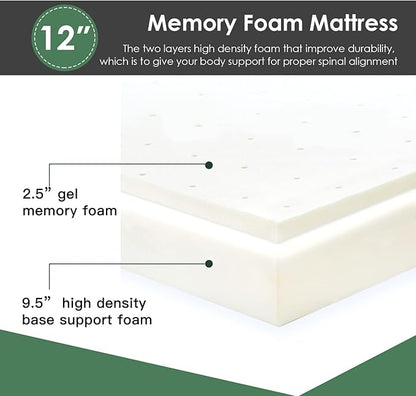 PayLessHere 12 Inch Cooling-Gel Memory Foam Mattress Queen, Medium Firm, CertiPUR-US Certified, White