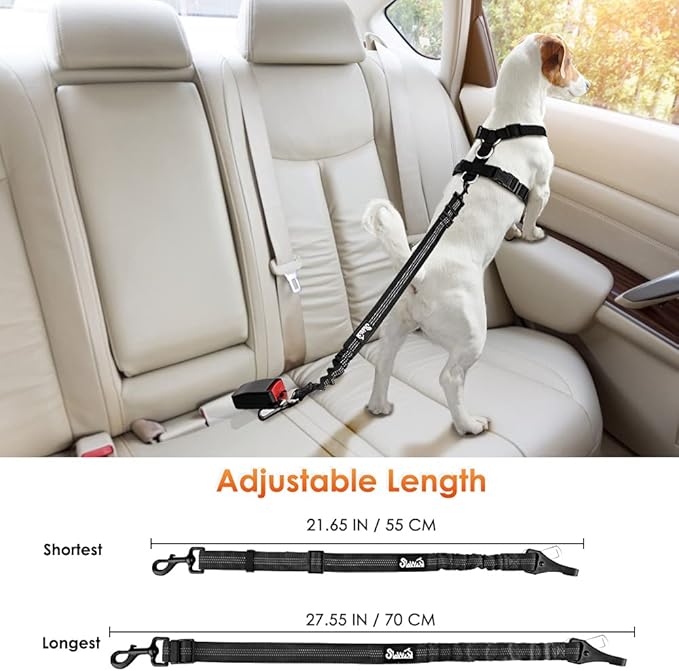 SlowTon Dog Seat Belt, Adjustable Dog Safety Belt Leash, 2 in 1 Latch Bar Attachment Dog Car Seatbelt with Elastic Nylon Bungee Buffer, Reflective Nylon Belt Tether Connect to Dog Harness (2Black)-Mewly Pet