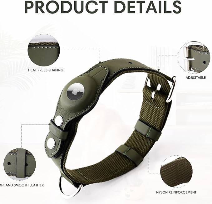 AirTag Dog Collar Soft Leather Webbing Dog Collar for AirTag Provides Double Protection for Small Medium and Large Dogs(Brown,M)-Mewly Pet