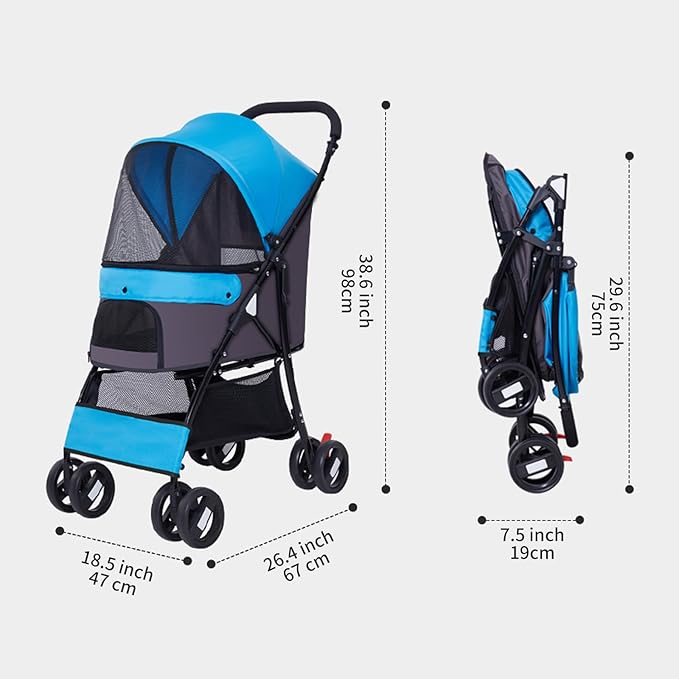Sunny Sonny Foldable Jogger Pet Stroller with Weather Cover Storage Basket Pet Travel Carrier for S/M Dogs Cats up to 33lbs (Blue)-Mewly Pet