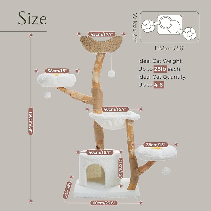 PAWZ Road Cat Tree for Indoor Cats Large Adults, 59 Inches Modern Cat Tower with Large Basket and Hammock, Natural Solid Wood, Luxury Condo & Dual Perches, Modern Cat Furniture for Big Cats, White-Mewly Pet