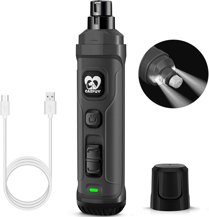 Casfuy Dog Nail Grinder with 2 LED Light - New Version 2-Speed Powerful Electric Pet Nail Trimmer Professional Quiet Painless Paws Grooming & Smoothing for Small Medium Large Dogs and Cats (Grey)-Mewly Pet