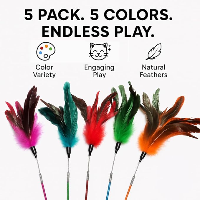 Cat Wand Toy Feather Sticks - 5 Piece Interactive Wands Toy Set with Feathers, Durable Spring Design - Perfect for Engaging Playtime Fun for Kittens and Cats - Cat Toys for Indoor Cats-Mewly Pet