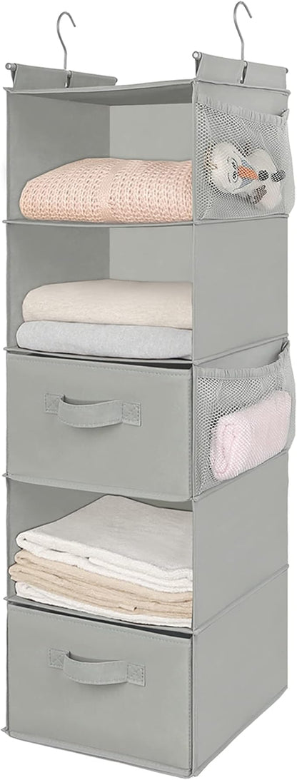 MAX Houser 5 Tier Shelf Hanging Closet Organizer, Cloth Hanging Shelf with 2 Sturdy Hooks for Storage, Foldable (Light Grey-D2)