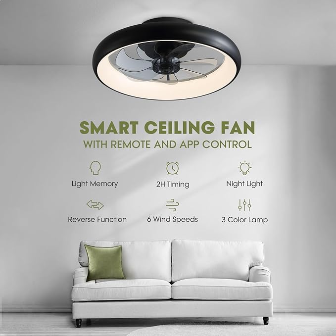 Ceiling Fans with Lights 20'' Flush Mount Fan Remote & APP Control Black Low Profile 6 Wind Speeds Smart Dimmable LED for Bedroom Living Room (Y1095-BK-ELE)