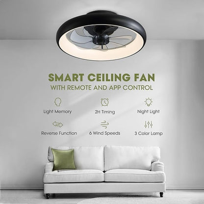 Ceiling Fans with Lights 20'' Flush Mount Fan Remote & APP Control Black Low Profile 6 Wind Speeds Smart Dimmable LED for Bedroom Living Room (Y1095-BK-ELE)