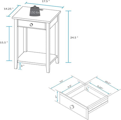 Casual Home Owl Night Stand with USB Port Charging Station and Drawer, 17.5" W x 14.25" D x 24.5" H, Walnut Black