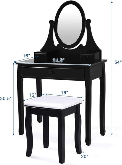Giantex Vanity Set with Oval Mirror and Cushioned Stool, Makeup Dressing Table with 3 Drawers, Modern Bathroom Bedroom Makeup Organizer Vanity Table for Women Girls Gifts (Black)