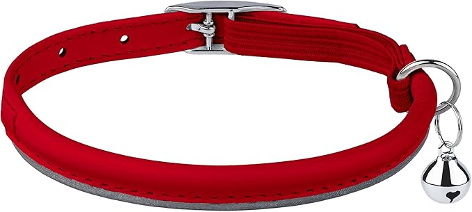 OOPSDOGGY Rolled Leather Cat Collar with Bell, Reflective Kitten Collars with Buckle Include Safety Elastic Strap - Adjustable Small Pet Collars for Boy Girl Cats (Red)-Mewly Pet