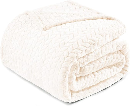 Exclusivo Mezcla Fleece King Size Blanket for Bed, 90x104 Inches Soft Cozy Jacquard Flannel Blankets, Lightweight Fuzzy Plush Warm for Winter, Off White