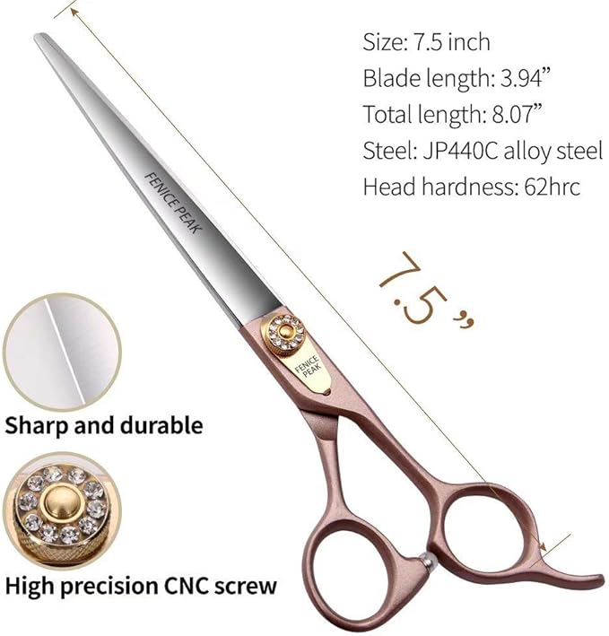 Fenice Peak 7.5'' Dog Straight Scissors for Grooming 440C Stainless Steel Rose Gold Professional Pet Trimming Scissors Sharp Blades Cutting for Dogs and Cats Shears-Mewly Pet
