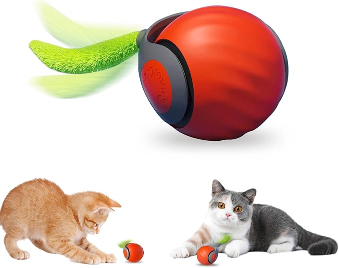 Interactive Cat Toys for Indoor Cats, Rechargeable Moving Cat Ball with Feather Tail, 2 Speeds Automatic Kitten Toys for Bored Indoor Cats,Motion Activated Rolling Ball Toys (Orange)-Mewly Pet