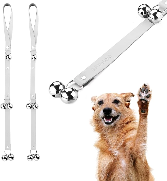 Leather Dog Doorbells for Door Knob/Potty Training/Go Outside, Length Adjustment Copper Dog Bell, Housetraining Hanging Bell, White Leather Silver Bells - 2 Pack-Mewly Pet