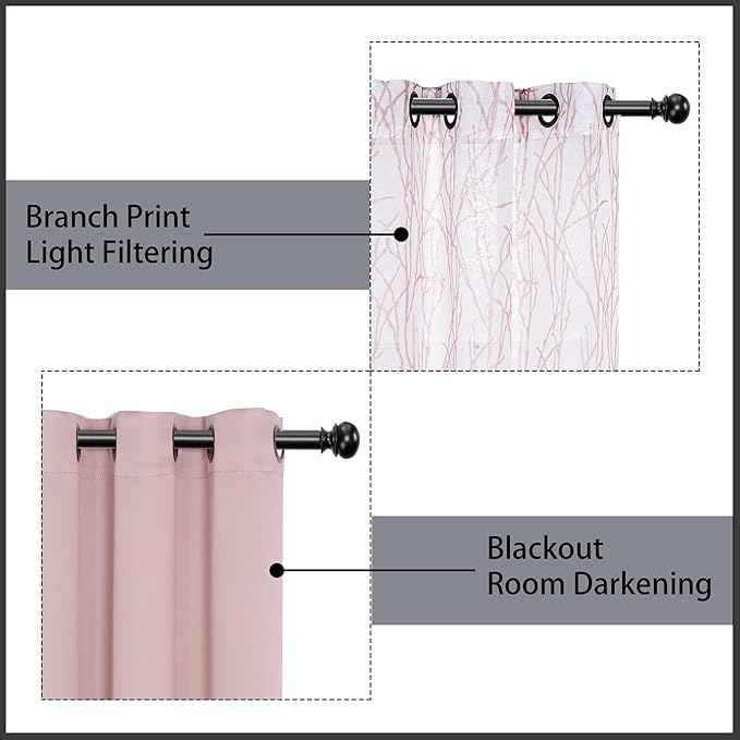 BONZER Mix and Match Curtains - 2 Pieces Branch Print Sheer Curtains and 2 Pieces Blackout Curtains for Bedroom Living Room Grommet Window Drapes, 54x63 Inch/Panel, Blush, Set of 4 Panels