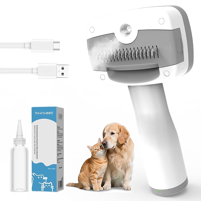 5 in 1 Pet Steam Brush for Dogs & Cats – Self Cleaning, 3 Pet Brush for Smoothing, Dematting, Thinning – Shedding, Grooming & Hair Removal, Includes Shampoo & Storage Case (7.3"-dematting)-Mewly Pet
