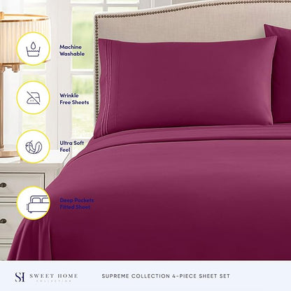 King Size Sheets - Breathable Luxury Bed Sheets with Full Elastic & Secure Corner Straps Built In - 1800 Supreme Collection Extra Soft Deep Pocket Bedding Set, Sheet Set, King, Berry