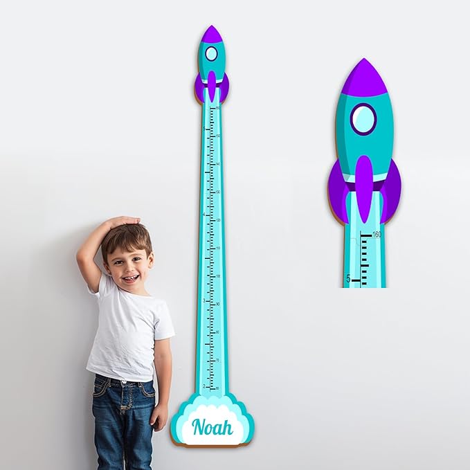 Personalized Growth Chart for Wall, Wooden Height Chart for Kids, Cute Height Measurement for Child/Girls/Boys, Baby and Toddler's Playroom/Kid's Room/Nursery Decor, Rocket