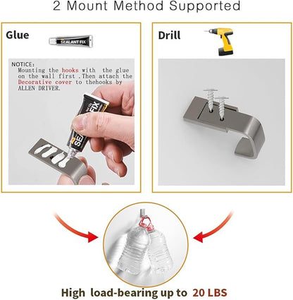 BESy Clothes Hook Single Towel Hooks for Bathroom Kitchen Garage Square Style Robe Hooks Coat and Hat Hook, Self Adhesive with Glue or Wall Mounted with Screws, Stainless Steel，Brushed Nickel
