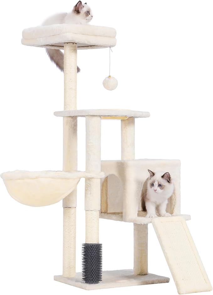Heybly Cat Tree with Cat Self Groomer Brush, Cat Tower Condo for Indoor Cats with Padded Plush Perch, Cat House with Basket Scratching Board Post, Beige HCT005SM-Mewly Pet