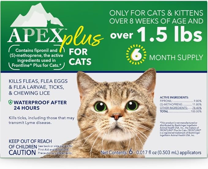 Apex Plus Cat Flea and Tick Treatment | 6-Month Supply, Over 1.5 lbs | Flea Treatment for Cats & Kittens | 24-Hour Activation, Waterproof, 30-Day Protection-Mewly Pet