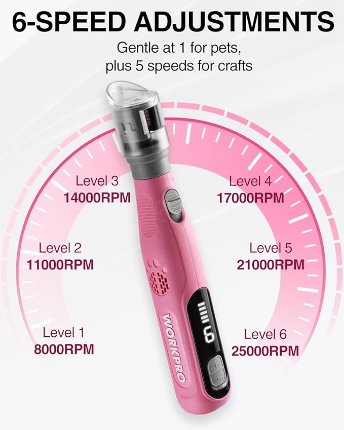 WORKPRO 6-Speed Dog Nail Grinder, Pet Nail Grinder for Small, Medium, and Large Dogs and Cats, 70 Accessories Rotary Tool with Type-C Charging Cable and Storage Bag for Sanding, Carving, and Polishing-Mewly Pet