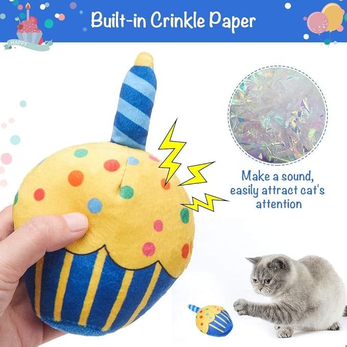 BINGPET Cat Birthday Catnip Toys for Indoor Cats,Cat Birthday Hat,Bandana and Cat Birthday Cake Interactive Plush Kitten Chew Toys,Cute Fish,Balloon Toys with Crinkle Paper and Catnip Inside(Blue)-Mewly Pet