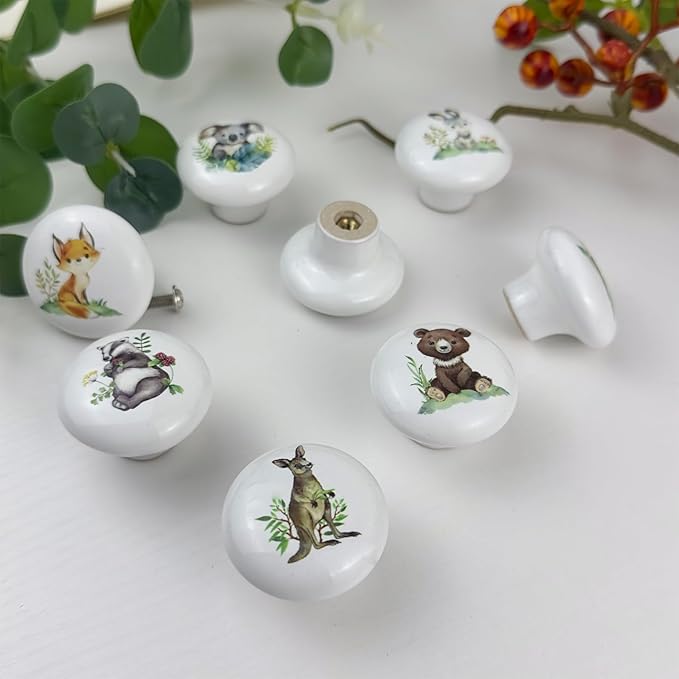 8Pack1.5 Brown Bear Ceramics Cabinet Handle knob Cute Flower Fox Safari Nursery Room Animals Dresser Drawer knobs and pulls