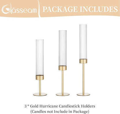 Gold Hurricane Taper Candle Holders: Glasseam 3Pcs Brass Candlestick Holders with Ribbed Glass Cylinder Cover Fluted Tall Candle Sticks Holder Decor for Table Centerpiece Wedding Christmas Decorations