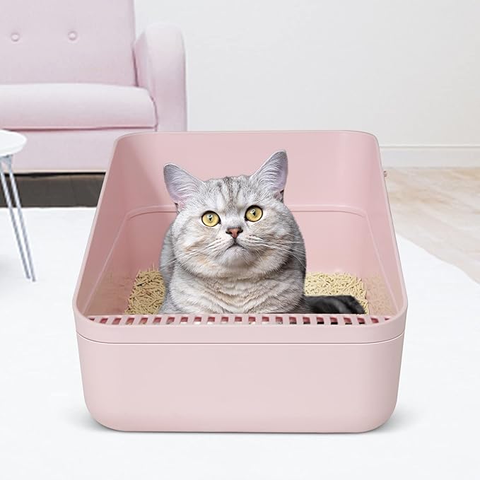 Sfozstra Open High-Sided Litter Box: Pink Medium Anti-Scatter Design - Self-Cleaning Sifting Tray - Low Tracking for Small Cats-Mewly Pet