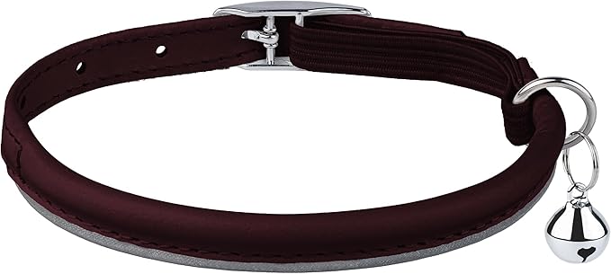 OOPSDOGGY Rolled Leather Cat Collar with Bell, Reflective Kitten Collars with Buckle Include Safety Elastic Strap - Adjustable Small Pet Collars for Boy Girl Cats (Burgundy)-Mewly Pet