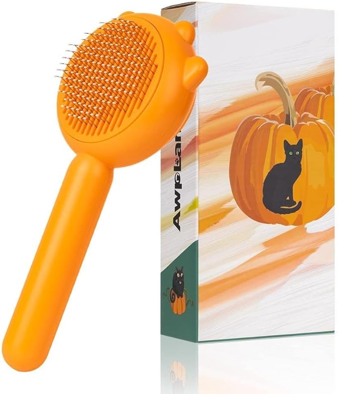 Self-Cleaning Dog & Cat Slicker Brush, Skin Friendly Deshedding Grooming Tool for Long or Short Haired Dogs Cats Rabbits, Dog Shedding Brush with Release Button - Pumpkin-Mewly Pet