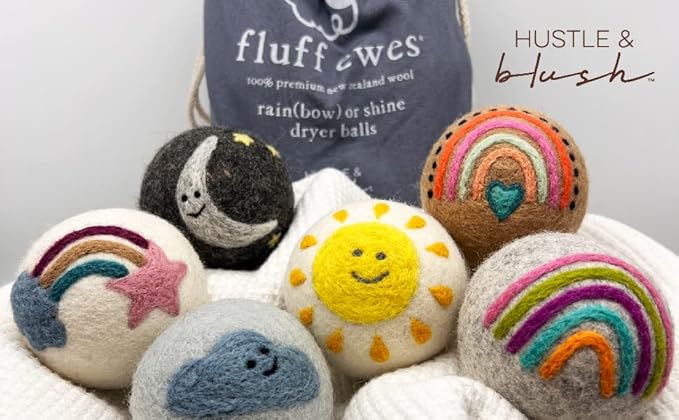 Fluff Ewes Wool Dryer Balls 6 Pack Premium New Zealand Wool Laundry Balls for Dryer, No Static Dryer Balls Laundry Reusable, XL Wool Dryer Balls Cute, Baby Dryer Balls for Dryers - Rainbow or Shine-Mewly Pet