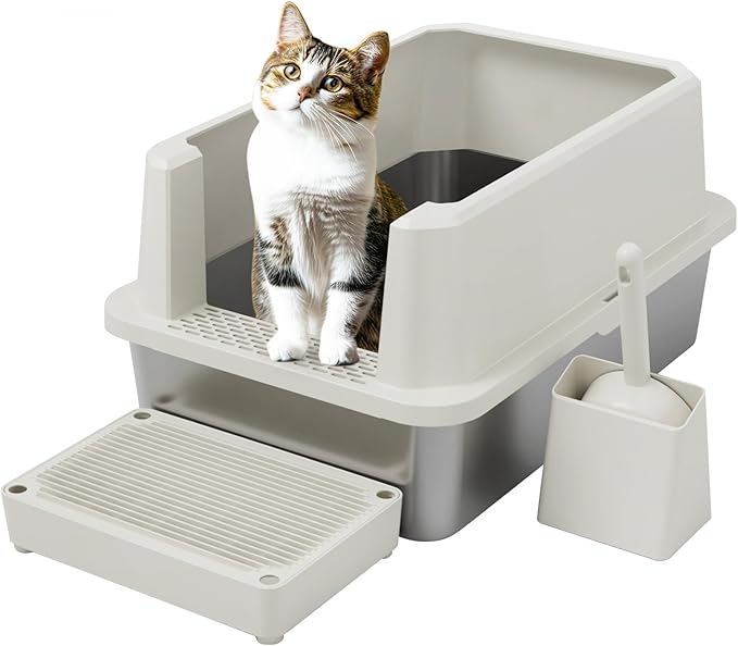 RIZZARI Stainless Steel Cat Litter Box, Semi-Closed Litter Box with High Edges, Large Odorless Litter Pan with for Small to Large Cats (Beige, 1 Pack)-Mewly Pet