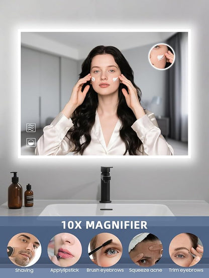 Led Mirror for Bathroom, 24x32 Inch Backlit Mirror with 10X Magnification and Shaver Charging Port, Anti-Fog, Memory Function, 3 Color Temperature, Dimmable Led Bathroom Mirror, Horizontal/Vertical