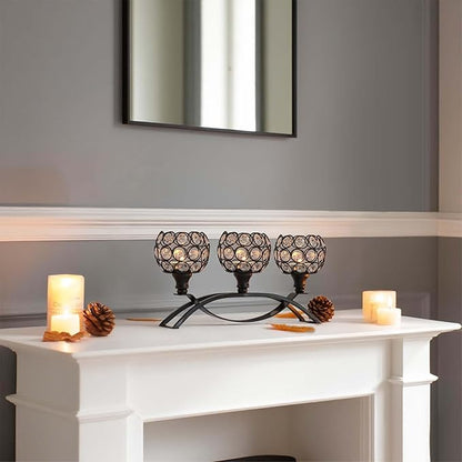 Crystal Tealight Candle Holder Centerpiece Home Decorative Candlestick Holder Elegant Table Centerpiece Home Decor Wedding Party Anniversary (Black, 3 Arm)